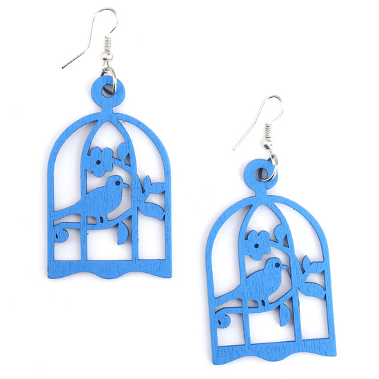Blaue Vogelkäfige - Ohrhänger aus Holz